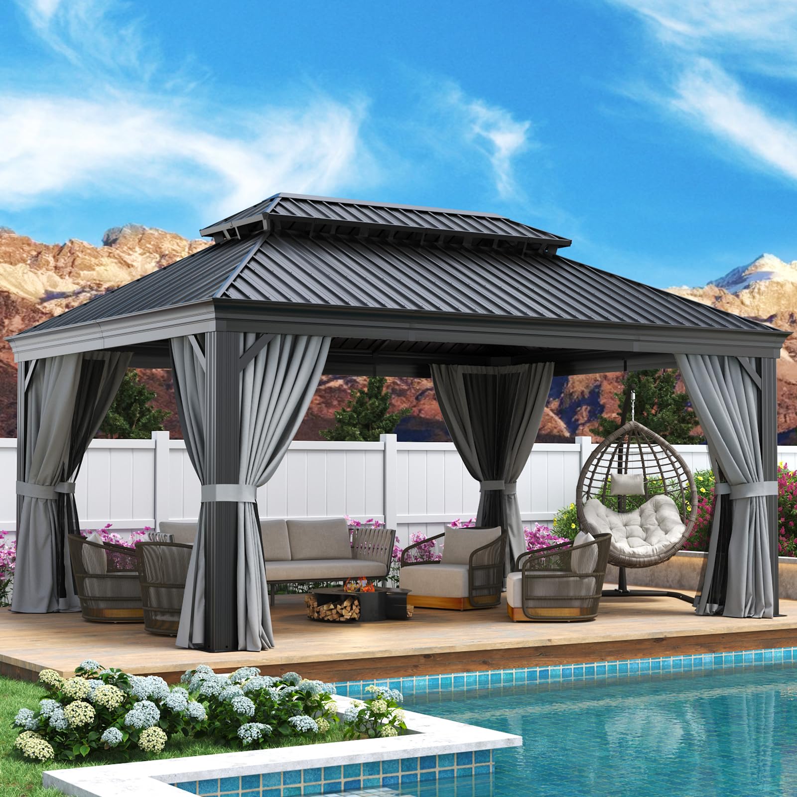 12' X 16' Permanent Hardtop Gazebo Aluminum Gazebo with Galvanized Steel Double Roof for Patio Lawn and Garden, Curtains and Netting Included, Grey