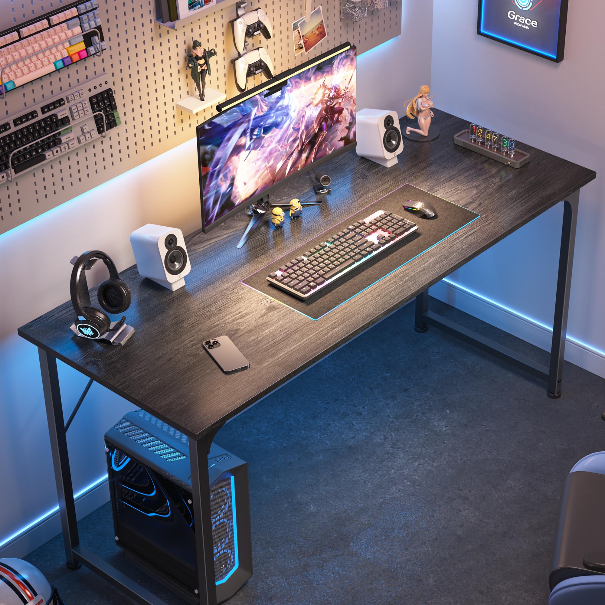 Computer Desk, 55 Inch Home Office Desk, Gaming Writing Work from Home Study Desk, Large Legroom, Sturdy Metal Frame, Modern Simple, Grey