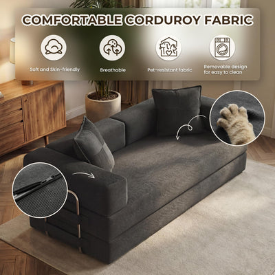 78 Inch Convertible Sofa Bed, 5-in-1 Futon Sofa Bed Pull Out Couch, Boneless Couch Bed for Living Room, Corduroy Boneless Couches for Bedroom, Apartment, No Assembly Sleeper Sofa Bed, Gray
