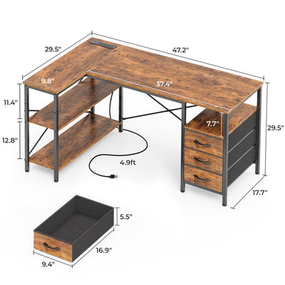 L Shaped Office Desk with Power Outlets, 47 Inch Computer Desk with 3 Drawers, Shelves, for Gaming, Corner Work, Home Office, Study, Rustic Brown