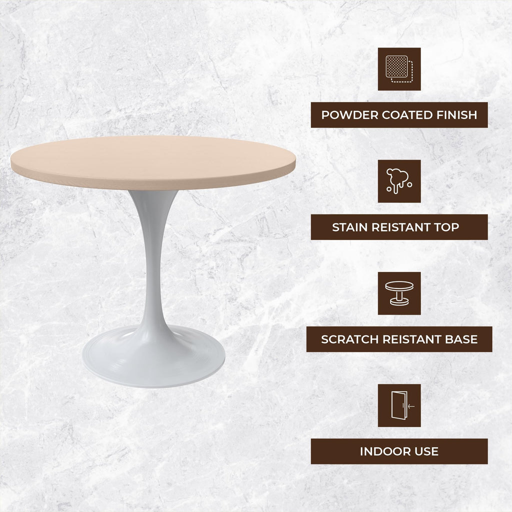 Mid-Century Modern 36 Inch Round Dining Table, MDF Wood Tabletop with White Steel Pedestal Base, Contemporary Kitchen & Dining Room Table, for Small Spaces (Light Natural)