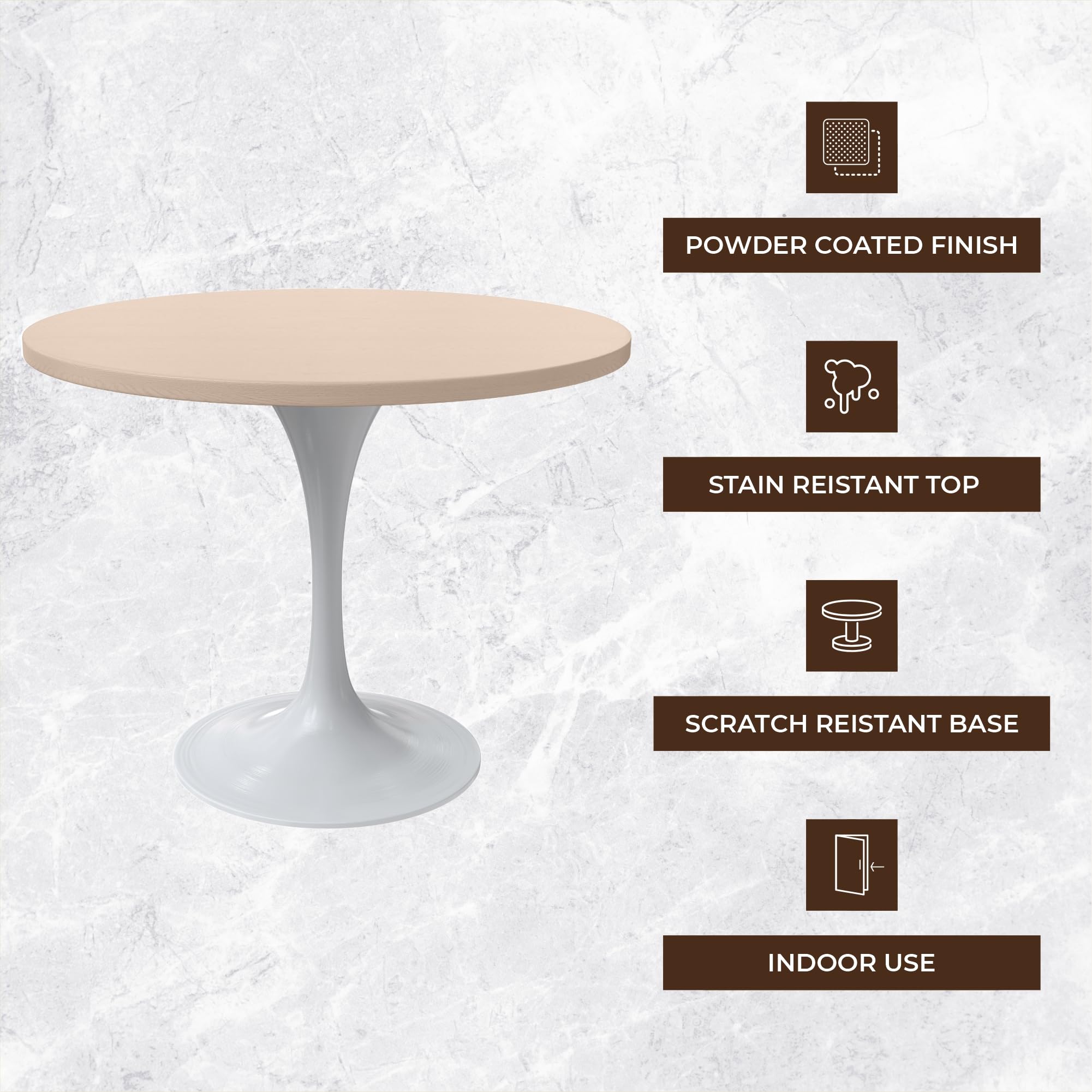 Mid-Century Modern 36 Inch Round Dining Table, MDF Wood Tabletop with White Steel Pedestal Base, Contemporary Kitchen & Dining Room Table, for Small Spaces (Light Natural)