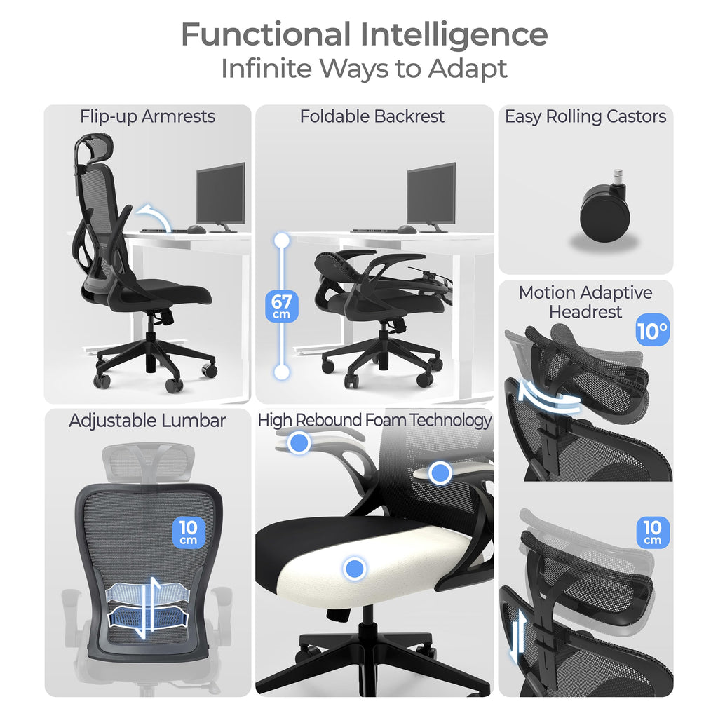 Model U | Folding Office Chair for Small Spaces | Gaming Chair for Adults & Kids | Ergonomic Mesh Computer Chair for Bedroom | Foldable Desk Chair for Home Work (Midnight Black Headrest)