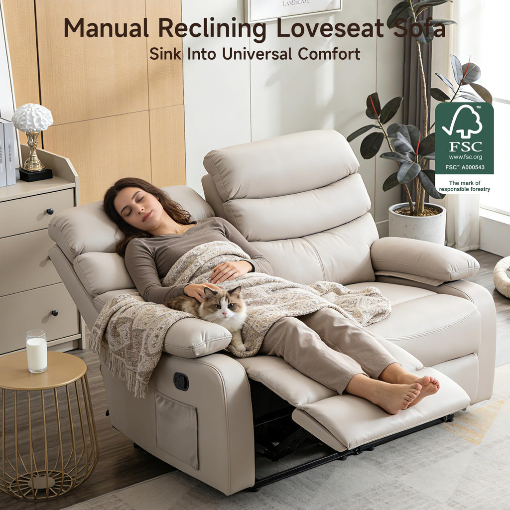 Reclining Loveseat, Leather Double Recliner Sofa with Side Pocket, Wall Hugger Loveseat Recliner for Living Room, RV, Home Theater(Beige)