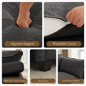112'' Sectional Cloud Couch with Movable Ottoman, 4 Seat Modern Chenille Modular Sofa with 2 Throw Pillows, Deep Seat L Shaped Couch for Living Room Bedroom Apartment, Dark Grey