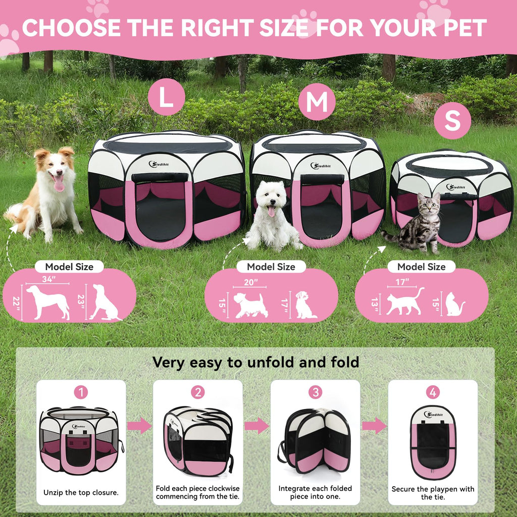Pink Puppy Playpen for Middle Dog Cat, Dog Tent Crates Cage Indoor/Outdoor, Portable Pop Up Dog Kennel with Carrying Bag for Rabbits, (Pink, Medium)