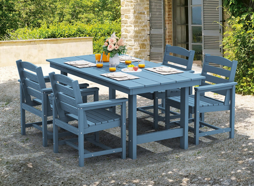 SERWALL 7-Piece Patio Dining Table Sets, Outdoor HDPE Dining Furniture Set with Umbrella Hole Cut-Out Table and 6 Chairs, Blue