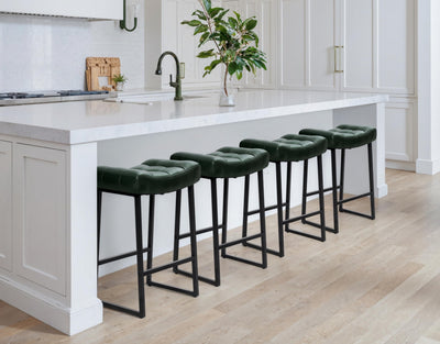 Modern Bar Stools Set of 4 for Kitchen Counter 24 inch Counter Height Backless Barstools with Upholstered Faux Leather Saddle Seat and Metal Frame Industrial Bar Chairs, Dark Green