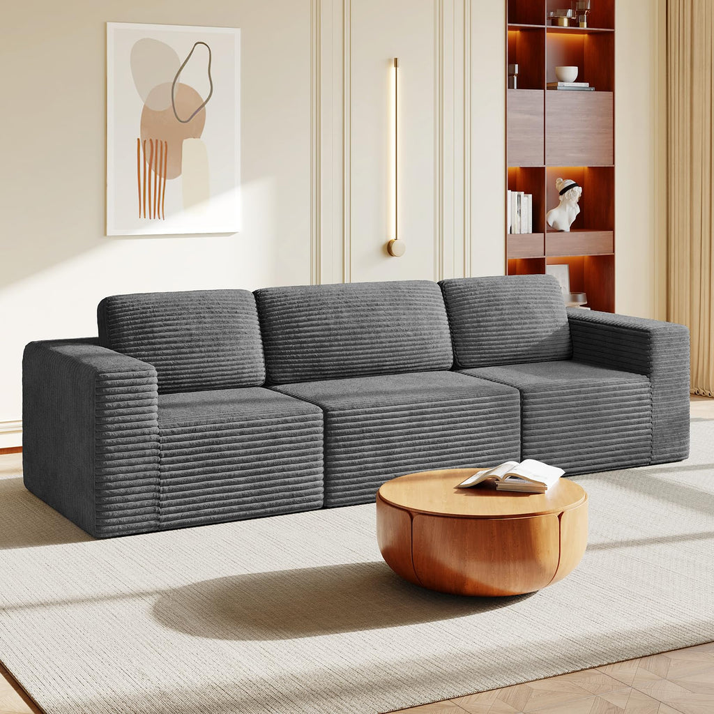 119" Modular Sectional Sofa, Corduroy Cloud Couch with Deep Seating & Spring Support, 3 Seater Flexible Layout Sofa, Boneless Couch for Living Room & Apartment, No Assembly Required, Grey