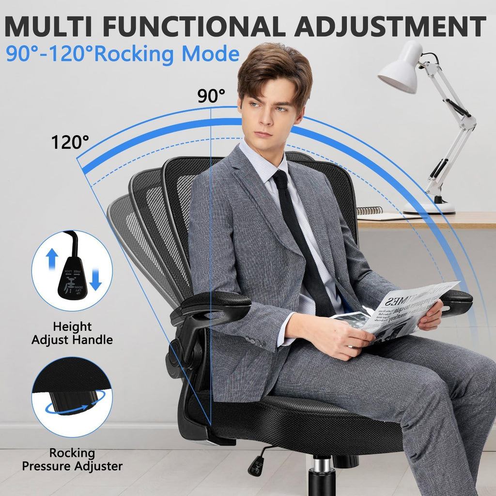 Office Desk Chairs with Wheels, Ergonomic Mesh Chair with Adjustable Height Lumbar Support, Rolling Swivel Computer Task Chair with Flip Up Armrests for Home, Study, Conference, Black (12PK)