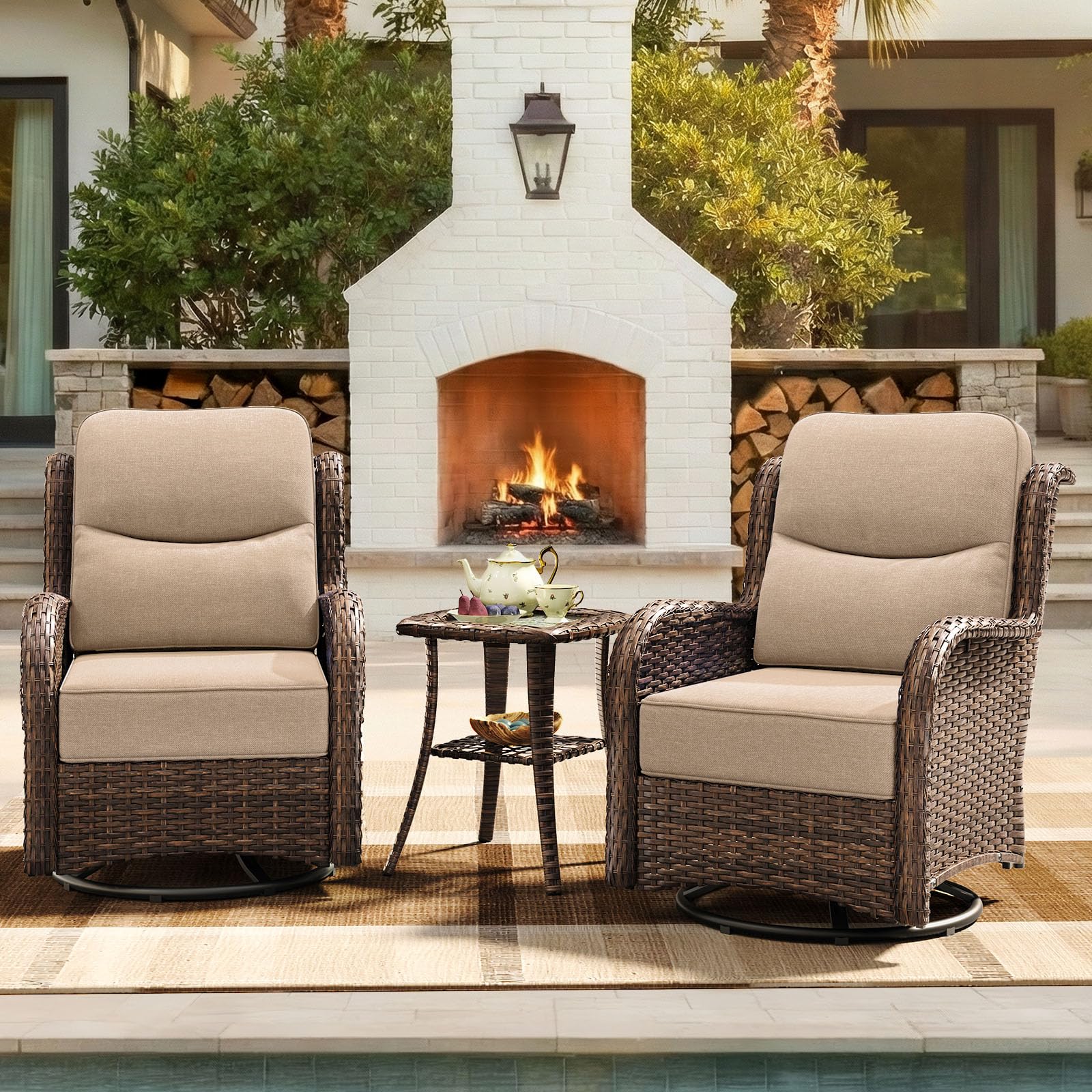 Luxury Patio Furniture Set with 6-inch Thick Cushion, Outdoor High Back Swivel Rocker Patio Chairs, 3PCS Wicker Conversation Set for Deck Yard and Poolside, Beige (V2)