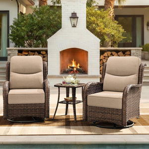 Luxury Patio Furniture Set with 6-inch Thick Cushion, Outdoor High Back Swivel Rocker Patio Chairs, 3PCS Wicker Conversation Set for Deck Yard and Poolside, Beige (V2)