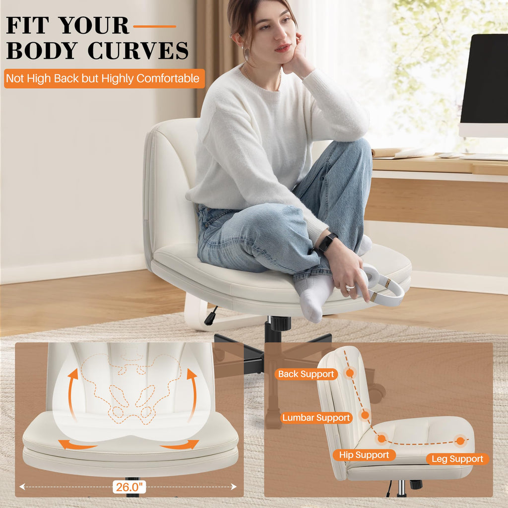 Criss Cross Chair with Wheels, Cross Legged Office Chair, Armless Wide Vanity Desk Chair with Comfty PU Leather & Back - Swivel Height Ajustable for Home Office Bedroom, Pearl White