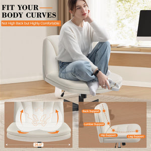 Criss Cross Chair with Wheels, Cross Legged Office Chair, Armless Wide Vanity Desk Chair with Comfty PU Leather & Back - Swivel Height Ajustable for Home Office Bedroom, Pearl White