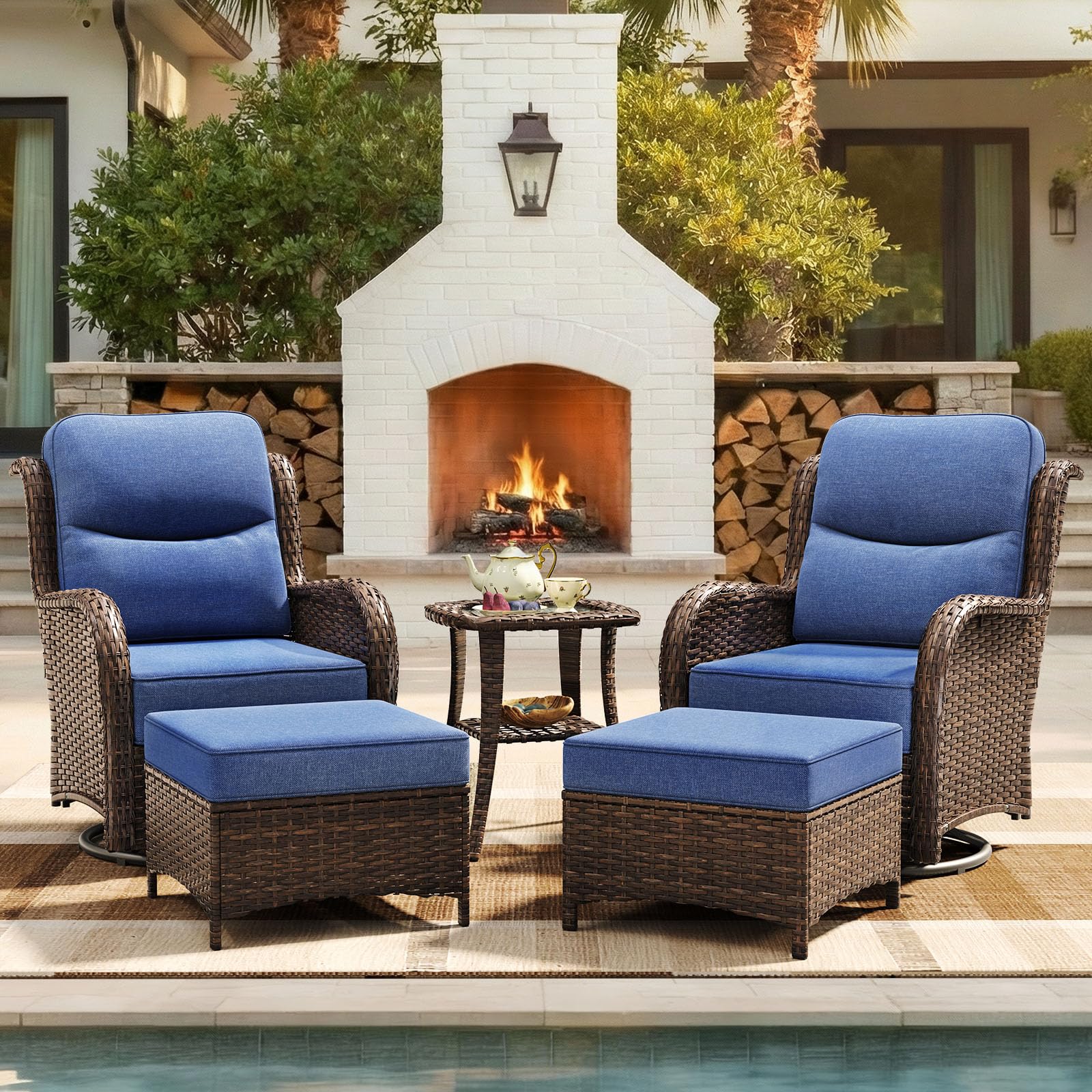 Luxury Patio Furniture Set with 6-inch Thick Cushion, Outdoor High Back Swivel Rocker Patio Chairs, 5PCS Wicker Conversation Set for Deck Yard and Poolside, Blue (V2)