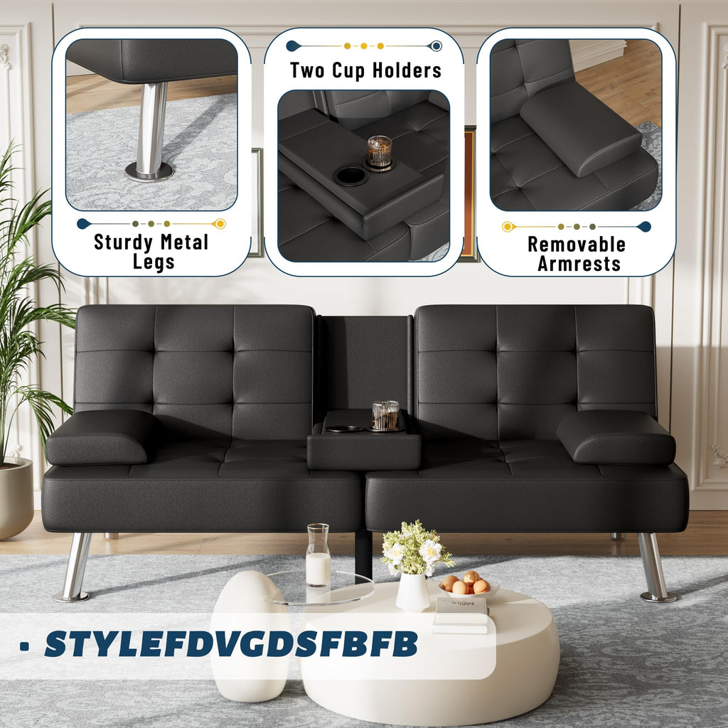 Sofa Bed Adjustable Futon Couch Sleeper Sofa Bed for Living Room, Business Office, Recliner Sofas with Cup Holders (PU Leather, Black)