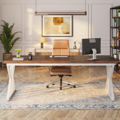 78.7-Inch Executive Desk, Large Computer Office Desk Workstation, Modern Simple Style Laptop Desk Study Writing Table Business Furniture for Home Office (Rustic Brown/White, 78.7 Inch)
