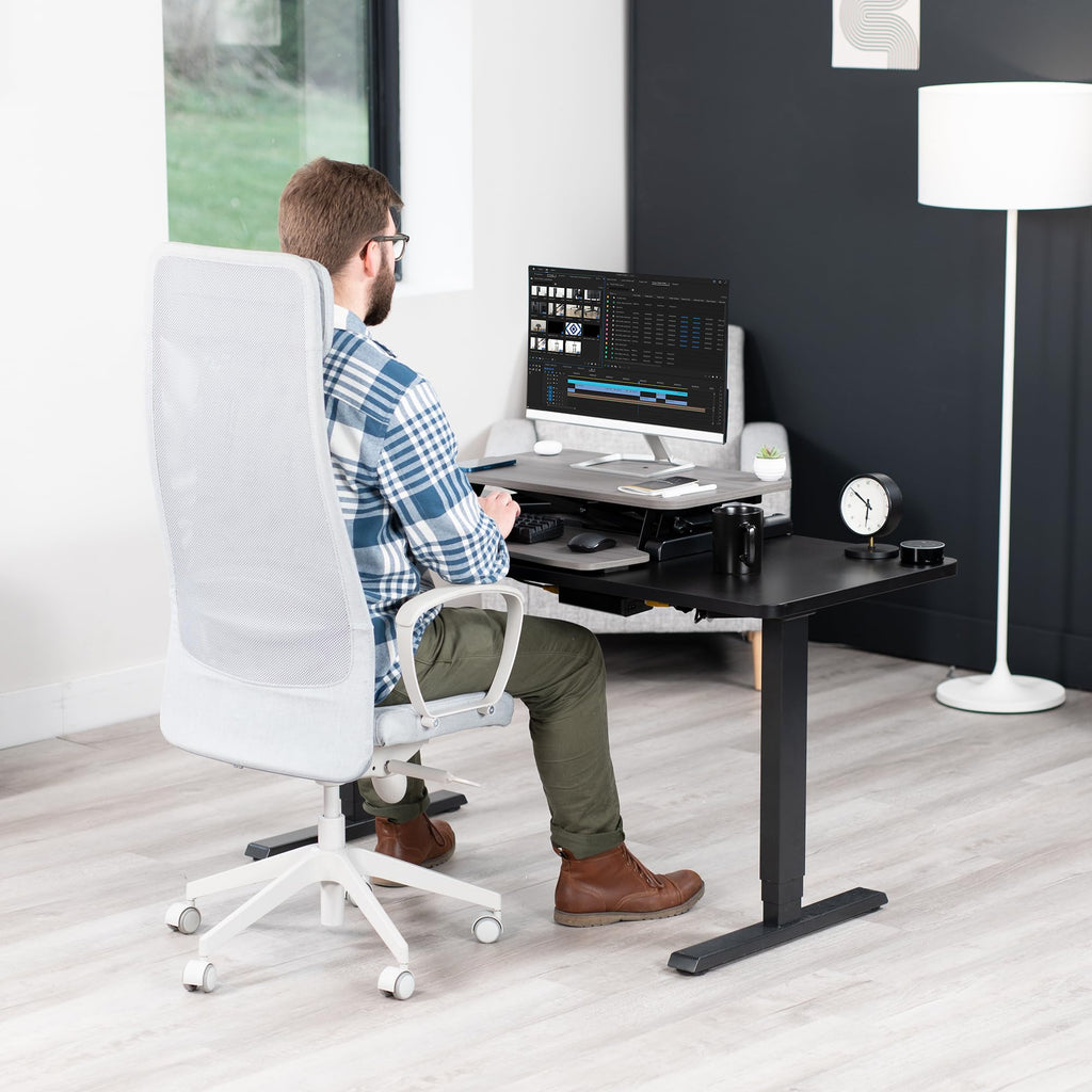 26 inch Desk Converter, K Series, Height Adjustable Sit to Stand Riser, Dual Monitor and Laptop Workstation with Keyboard Tray, Gray Top, Black Frame, DESK-V026KG