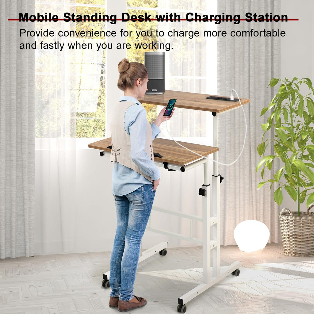 Mobile Standing Desk with Charging Station, Adjustable Standing Computer Desk, Standing Adjustable Laptop Cart with Wheels for Home Office Classroom Vintage Oak