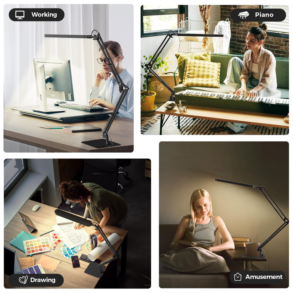 LED Desk Lamp with Slim Base - Adjustable Swing Arm Desk Light, Dimmable, Timer, Eye Protection, Memory Function, 1300LM, 12W, Black