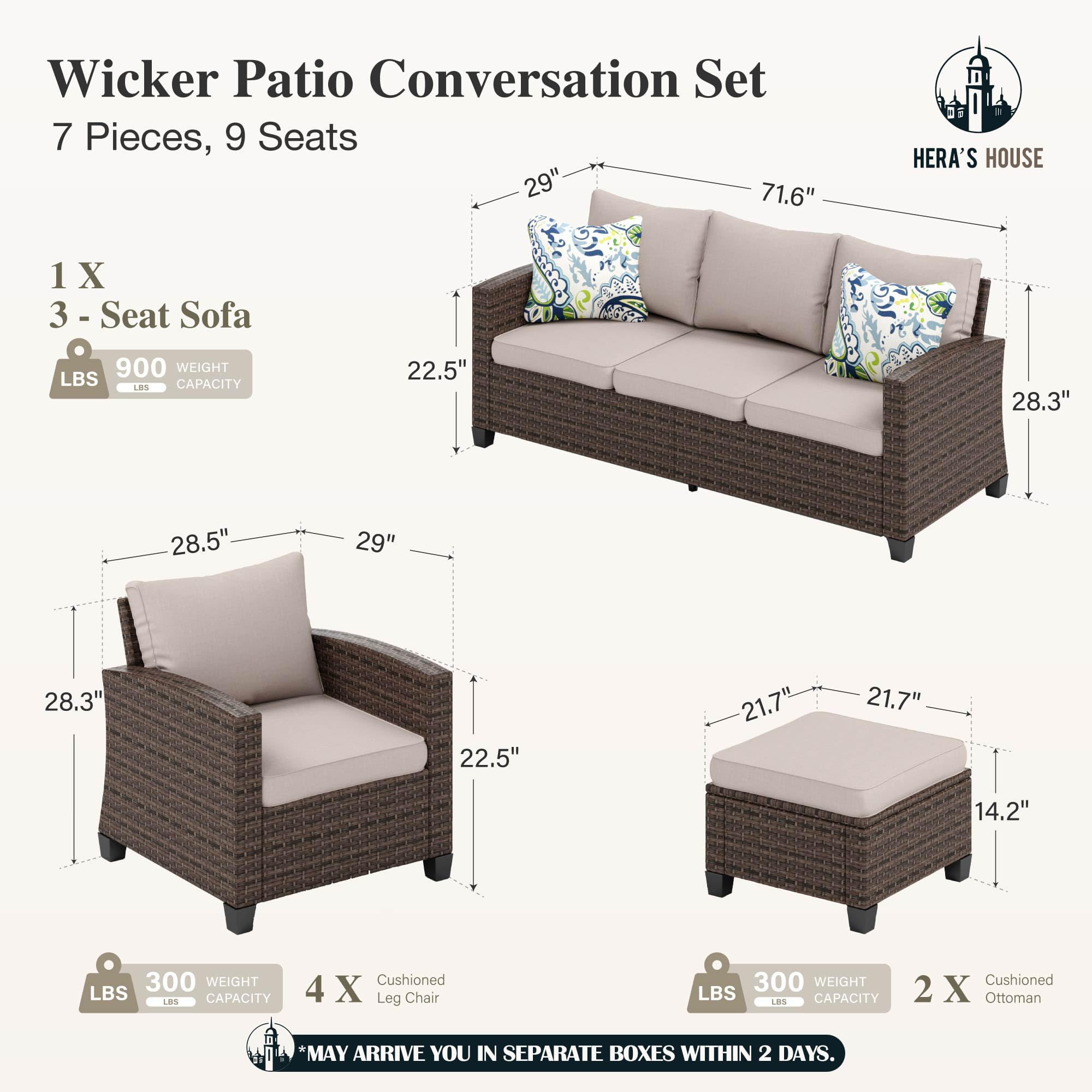 Wicker Patio Furniture Set, 7 Pieces Outdoor Seating Furniture, Patio Conversation Sofa Sets with Ottomans for Backyard Lawn Deck, Beige