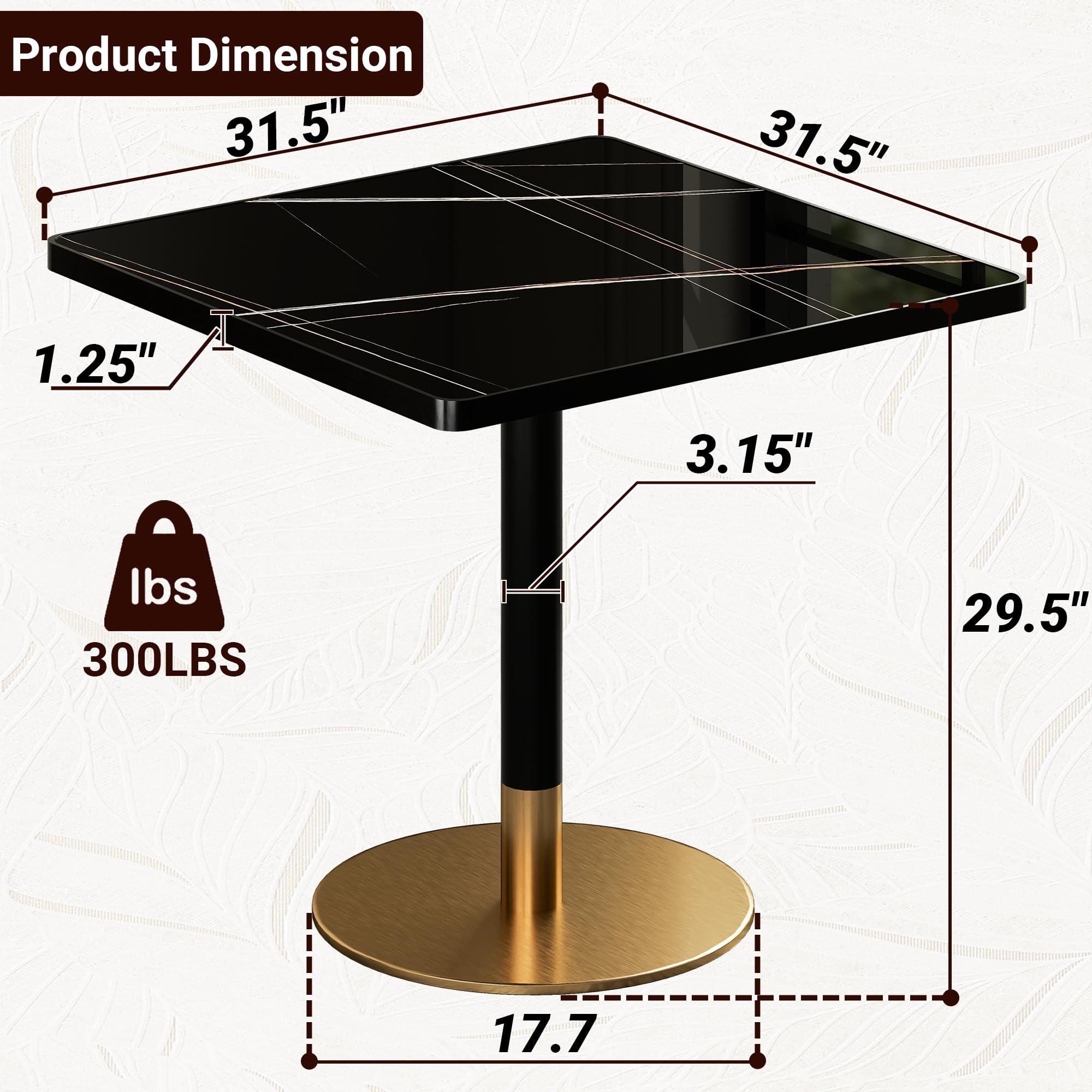 31.5" Tulip Table,Square Kitchen Dining Table for 2-4 with Thick Sintered Stone Top,Titanium Golden Pedestal Base,Heat-Resistant,Bistro Table for Dining Room,Café,Small Space（Gilded Chord）