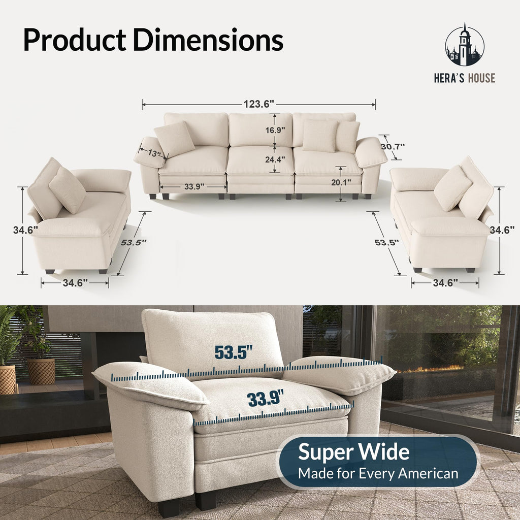 3 Pieces Modular Sectional Sofa Sets, Oversized Couch Set with Loveseat and Armchairs, Comfy Cloud Couches with Throw Pillows, 5-Seater Deep Seat Sofa for Living Room, Chenille Beige