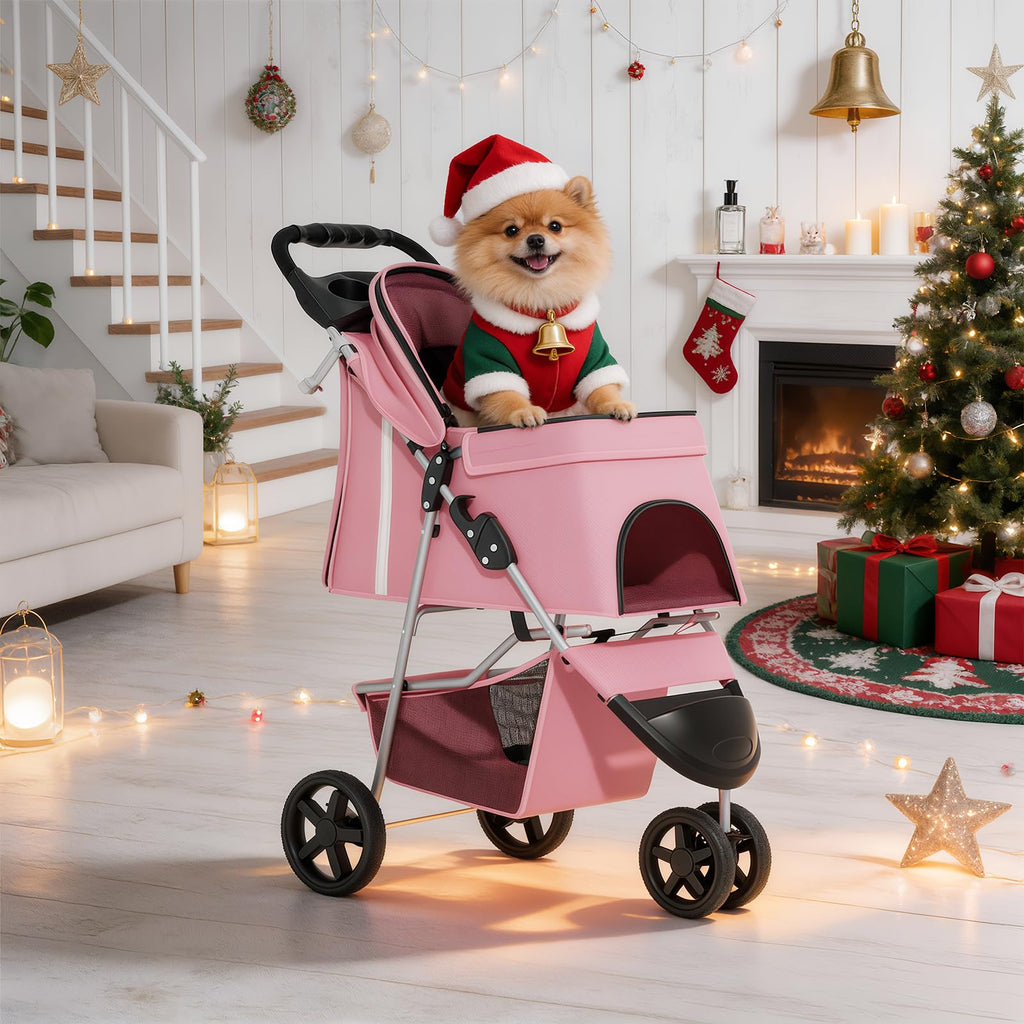 3-Wheels Foldable Pet Stroller with Waterproof Cover, Pet Strolling Cart for Small/Medium Dogs and Cats with Storage Basket and Cup Holder, Breathable and Visible Mesh for All-Season, Pink