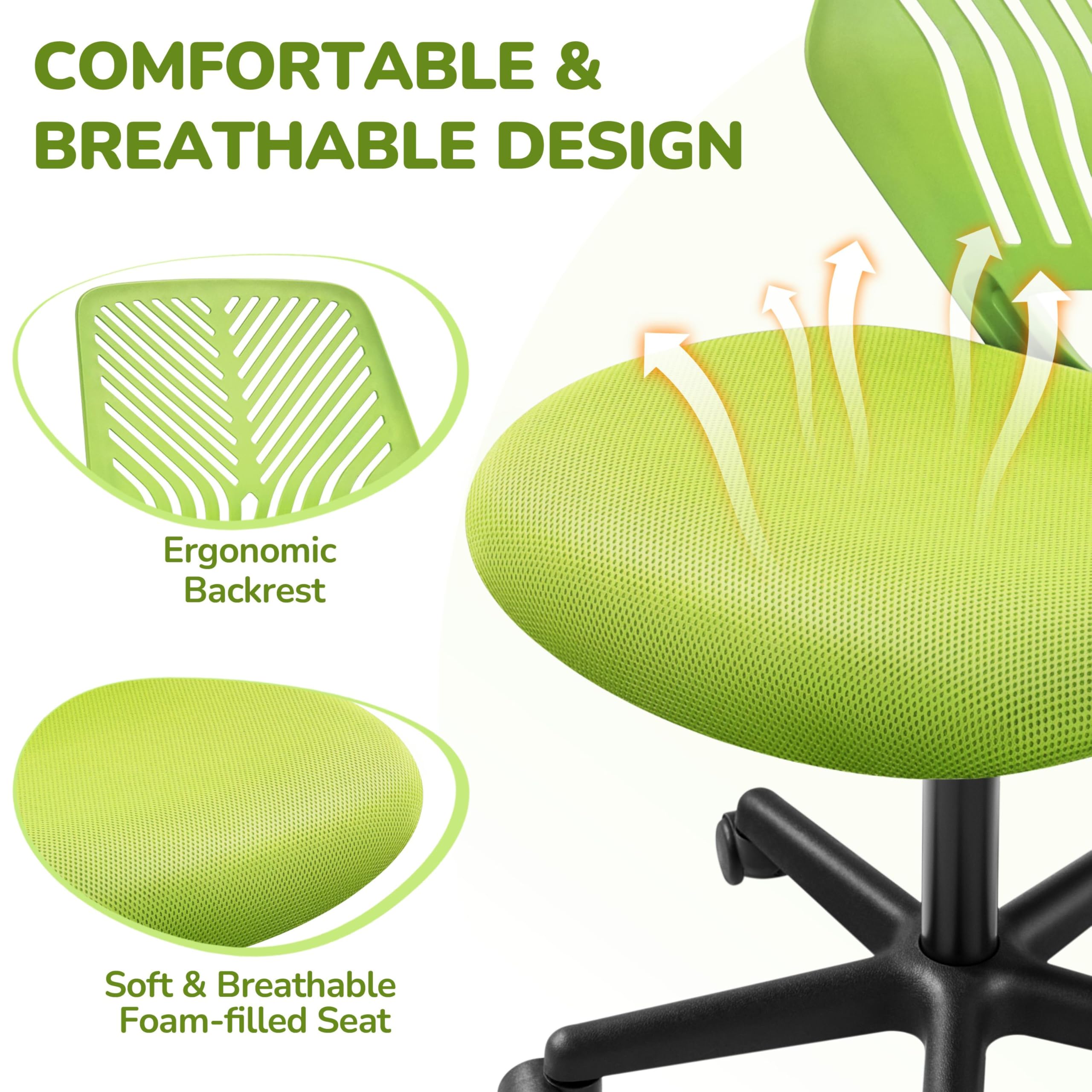 Kids Cute Desk Chair Armless Small Computer Chair with Lumbar Support for Teens Low-Back Bedroom School, Green