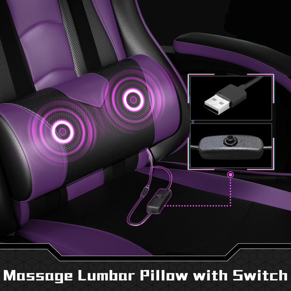 Gaming Chair, Video Game Chair with Massage Lumbar Support and Footrest Height Adjustable Ergonomic Computer Chair with Swivel Seat and Headrest Black/Purple