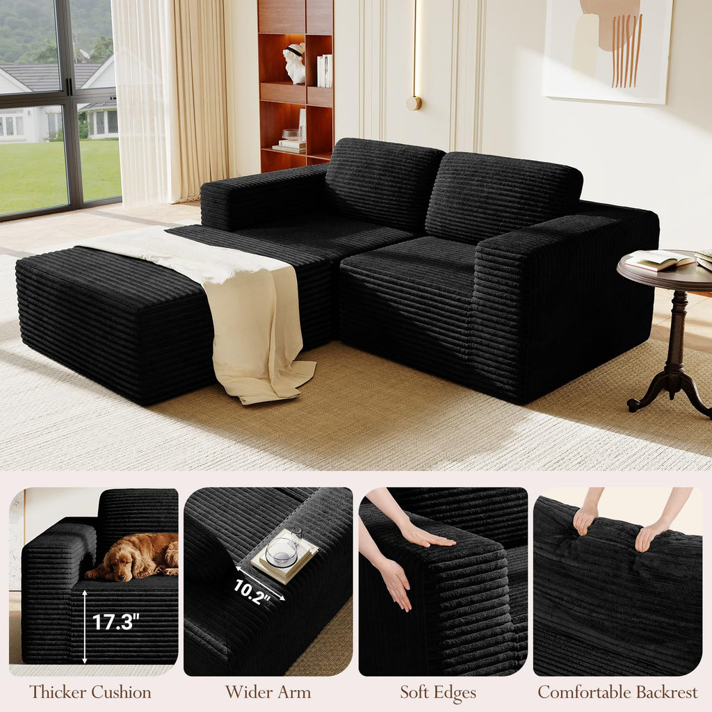 80" Modular Sectional Sofa, Corduroy Cloud Couch with Deep Seats & Spring Support, Compact 2 Seater Boneless Couch, L-Shaped Modular Sofa for Small Spaces, Apartments, No Assembly, Black