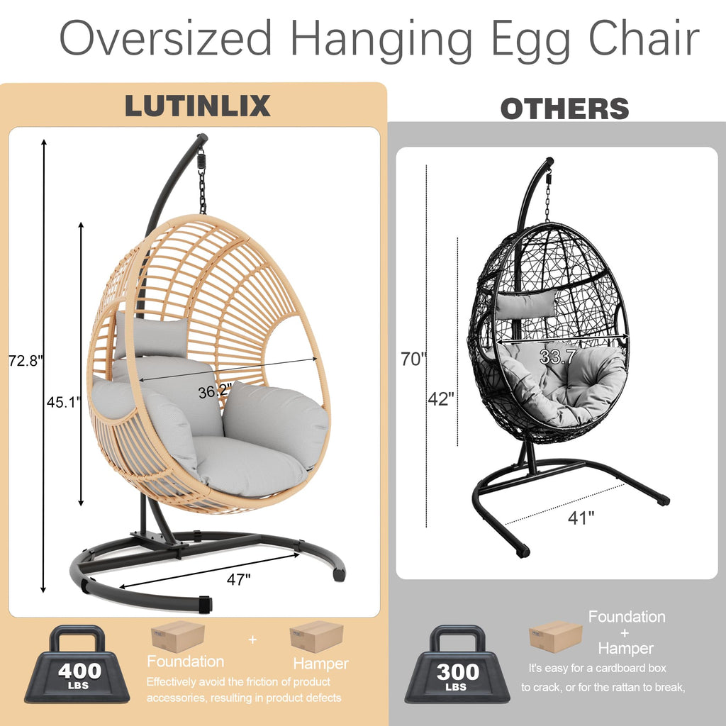 Oversized Hanging Egg Chair Outdoor Indoor, Wicker Swing Egg Chair with Stand 400lbs Capacity for Bedroom, Patio, Garden and Balcony (Beige-Regular, Oversize)