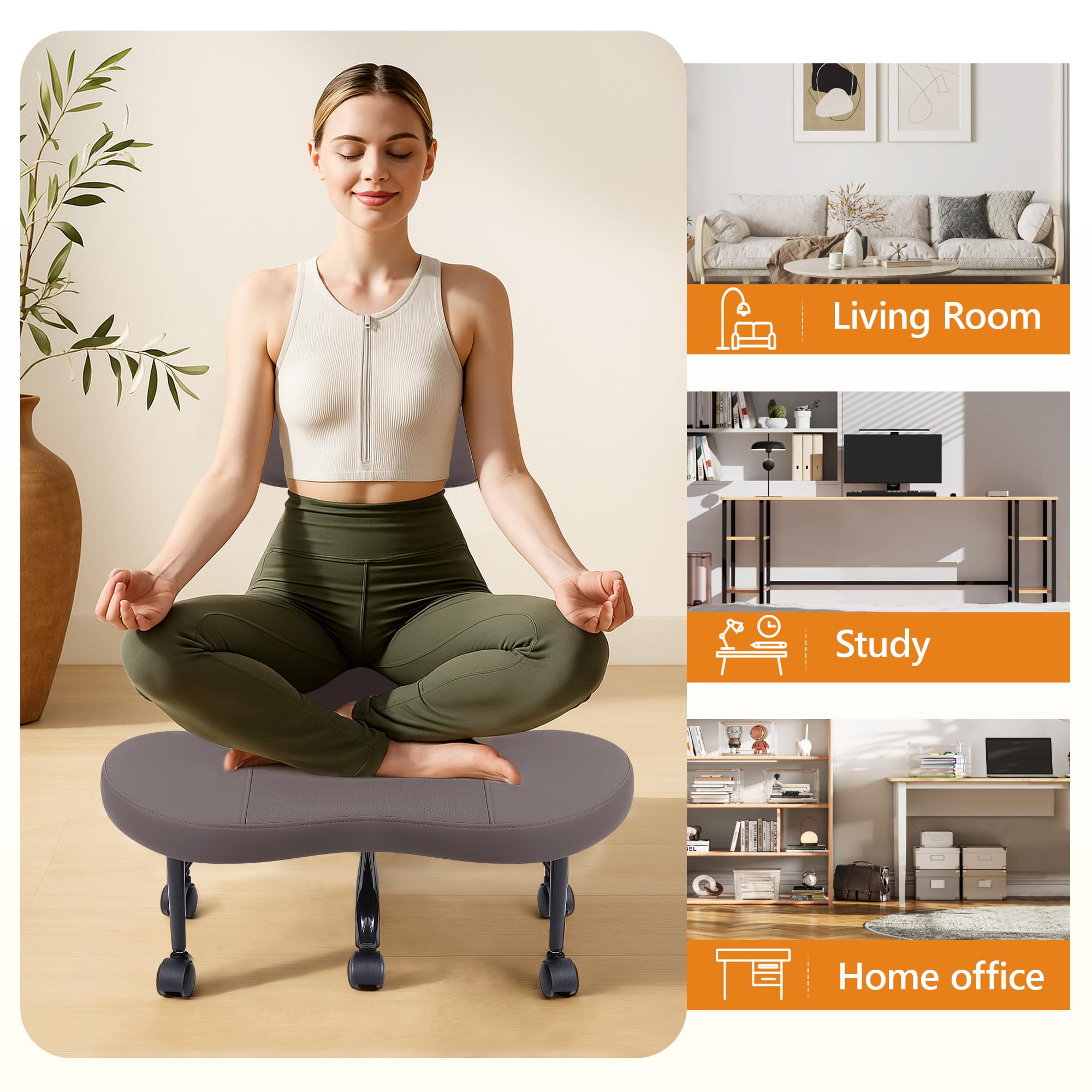 Cross Legged Office Chair, Criss Cross Desk Chair ADHD Meditation Kneeling Yoga Seat with Adjustable Height, Lumbar Support, Wider Footrest and Wheels (Dark Brown)