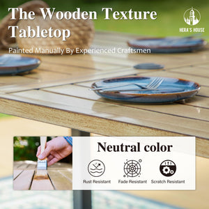 Patio Table and Chairs for 6, 7 Pieces Outdoor Deck Dining Sets, Wood-Like Rectangular Metal Table Set with Chairs for Lawn Garden Backyard, Brown