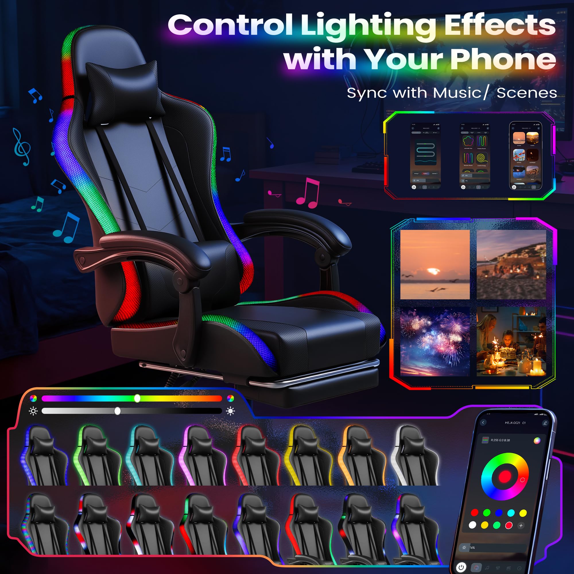 Gaming Chair, Video Game Chair with Footrest and Massage Lumbar Support, Ergonomic Computer Chair Height Adjustable with Swivel Seat and Headrest (RGB Dark Black)