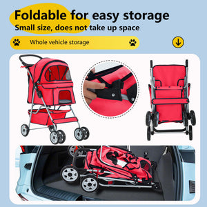 Pet Stroller 4-Wheel Dog Cat Stroller Travel Folding Carrier Puppy Stroller with Cup Holder and Removable Liner for Small Medium Dogs Cats, Red