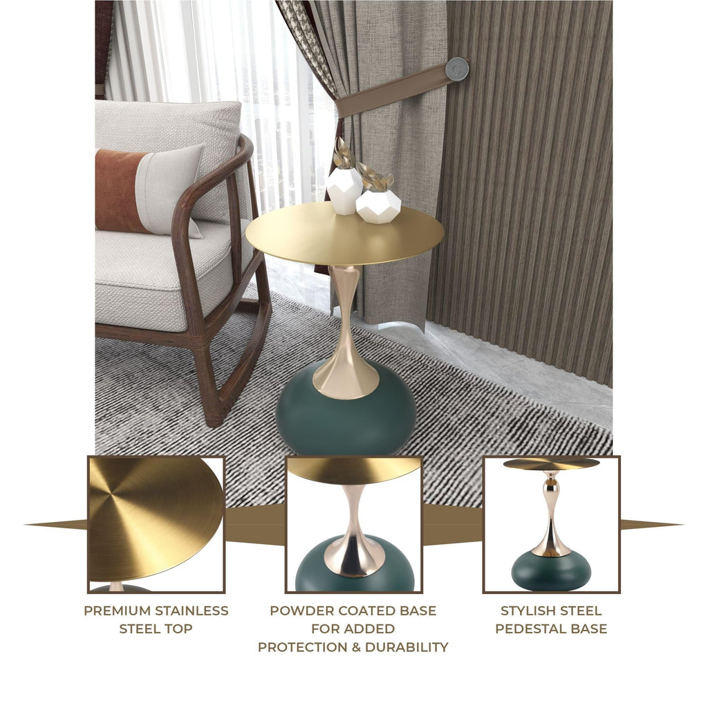 Modern Round Side Table with Gold Stainless Steel Top, Gold Pedestal Stem & Glossy Base, Accent End Table for Living Room, Bedroom, or Small Spaces, 17.7" × 21.6", Green