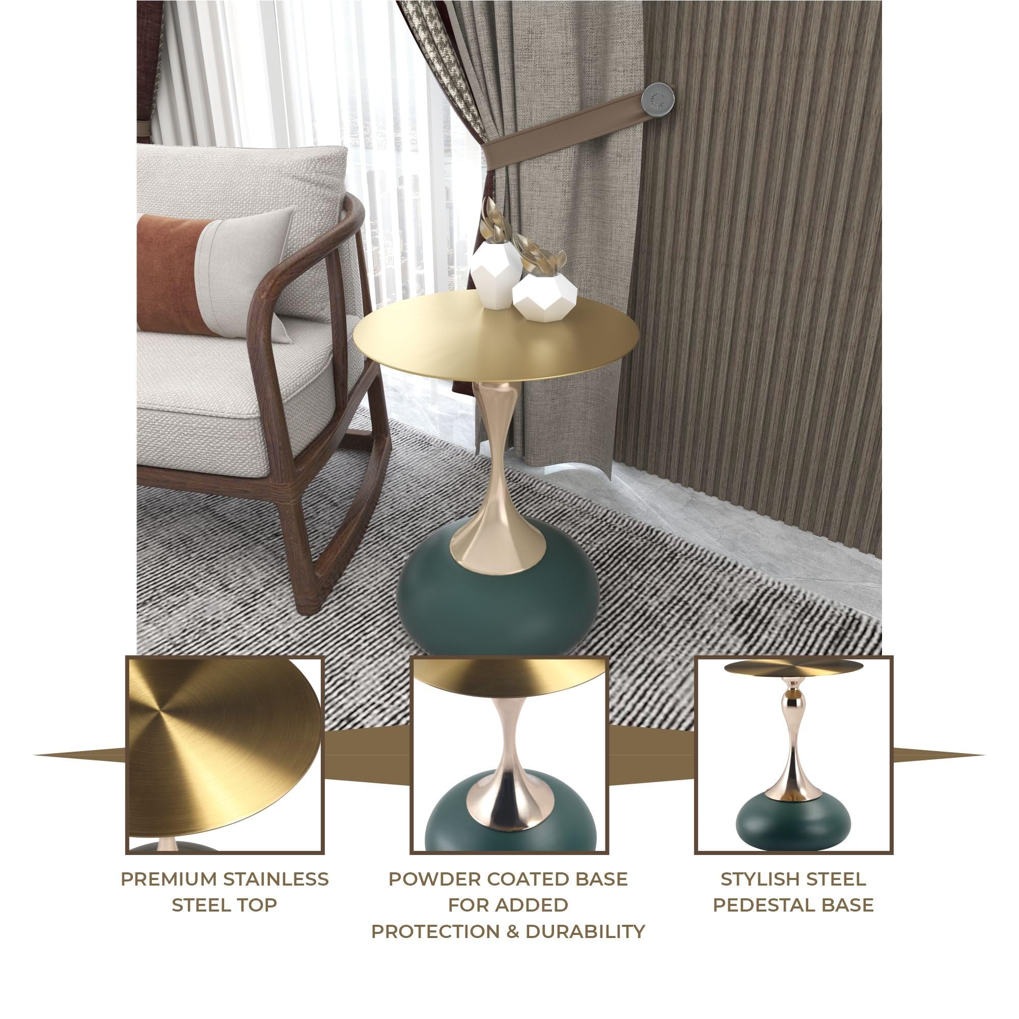 Modern Round Side Table with Gold Stainless Steel Top, Gold Pedestal Stem & Glossy Base, Accent End Table for Living Room, Bedroom, or Small Spaces, 17.7" × 21.6", Green