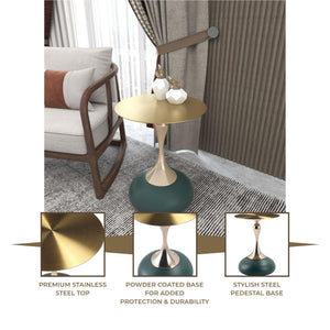 Modern Round Side Table with Gold Stainless Steel Top, Gold Pedestal Stem & Glossy Base, Accent End Table for Living Room, Bedroom, or Small Spaces, 17.7