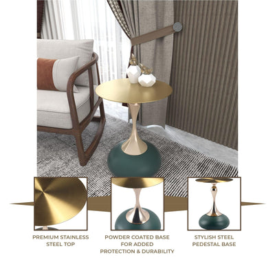 Modern Round Side Table with Gold Stainless Steel Top, Gold Pedestal Stem & Glossy Base, Accent End Table for Living Room, Bedroom, or Small Spaces, 17.7