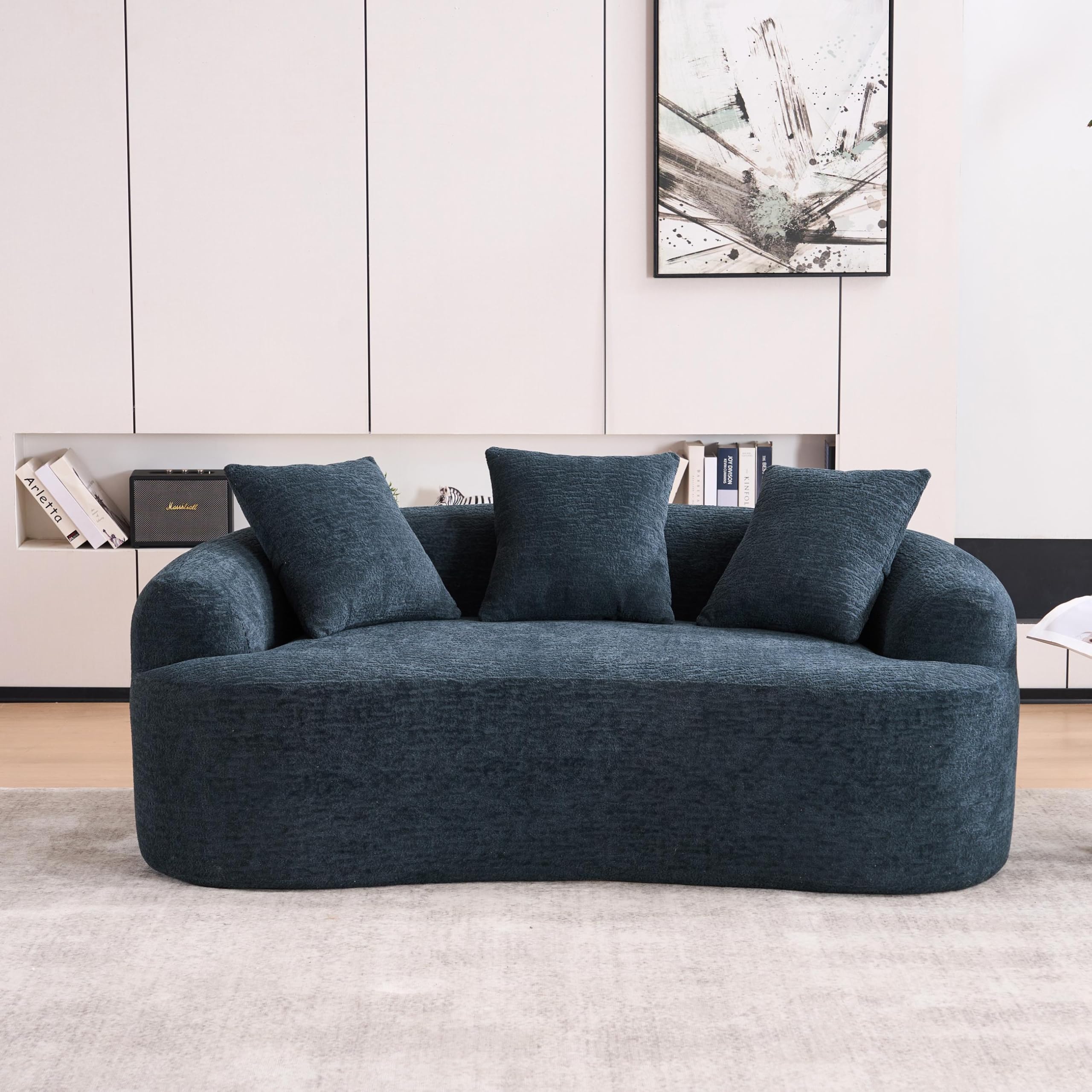 65'' Modern Small Loveseat Sofa, Chenille Upholstered Couch, Space-Saving Design, Plush Comfort Sofa with 3 Pillows, No Assembly Needed, for Small Spaces Living Room Apartment,Blue