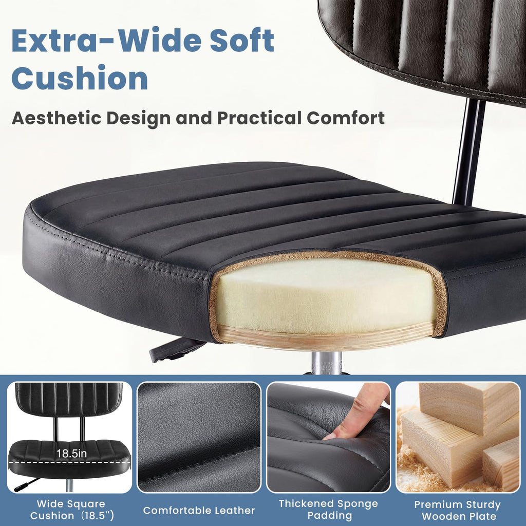 Armless Drafting Chair, Low Back Office Seat with Adjustable Footrest Ring for Standing Desk, Ergonomic PU Leather Office Seating, Swivel Rolling High Stool for Studio, Lab, Counter, Black