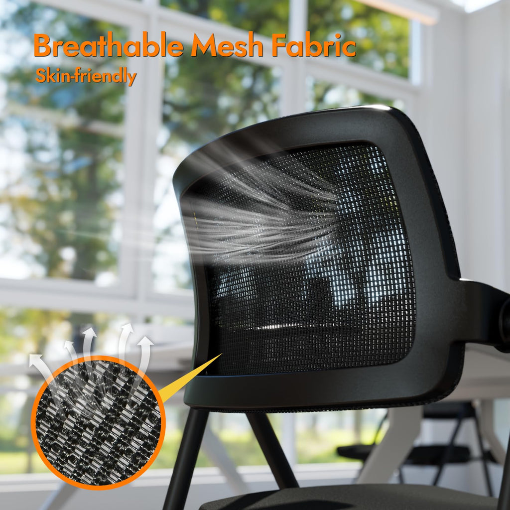 Stackable & Foldable Office Chair Set of 2, Folding Desk Chair with Flip-Up Armrest, Breathable Mesh, Thick Seat Cushion & Rocking Backrest, Conference Room Chair with Wheel (Black)