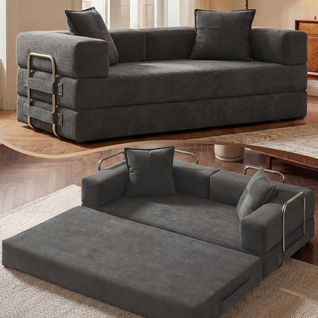 78 Inch Convertible Sofa Bed, 5-in-1 Futon Sofa Bed Pull Out Couch, Boneless Couch Bed for Living Room, Corduroy Boneless Couches for Bedroom, Apartment, No Assembly Sleeper Sofa Bed, Gray