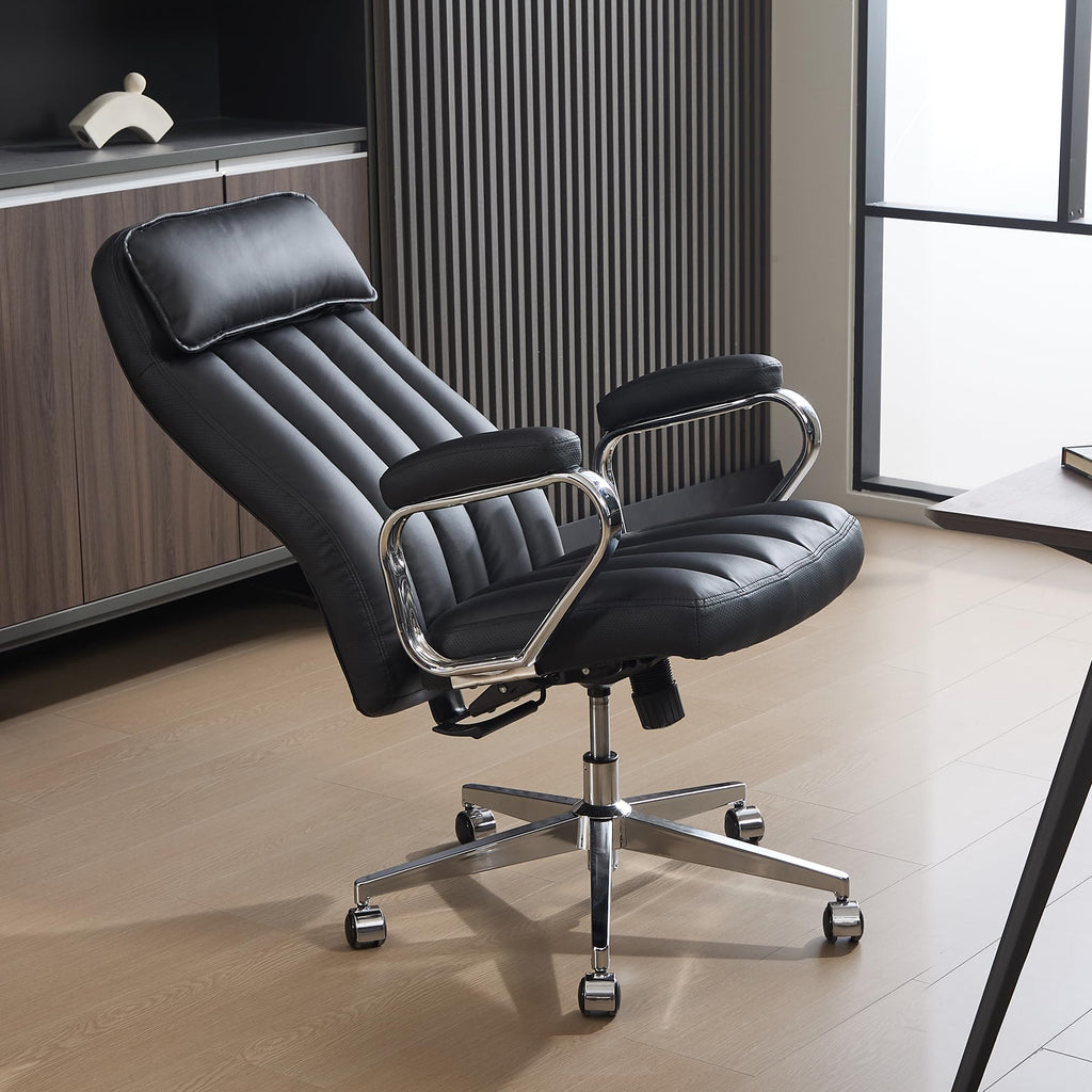 Executive Office Chair, Modern Leather Chair with Headrest & Lumbar Support, High Back Ergonomic Chair with Padded Armrests & Seat, Height Adjustable Swivel Rolling Chair for Home Office.