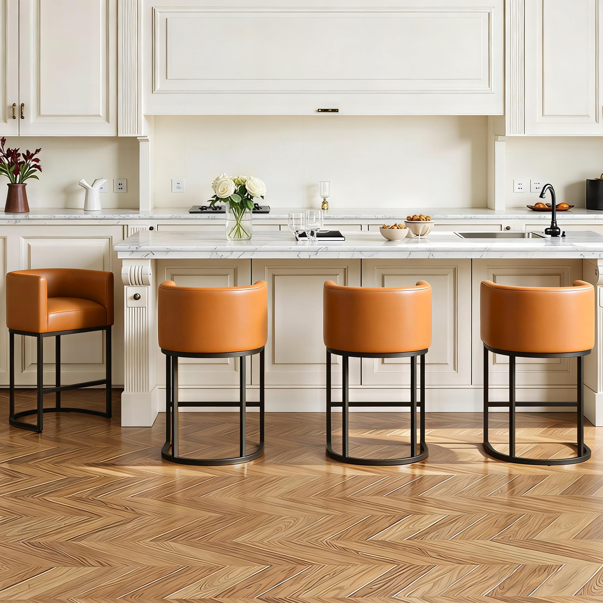 Modern Counter Height Bar Stools,Bar Stools Set of 4,PU Leather Upholstered Barrel Barstools with Backs,24'' Kitchen Island Chairs,Metal Black Frames,Camel Brown Leather