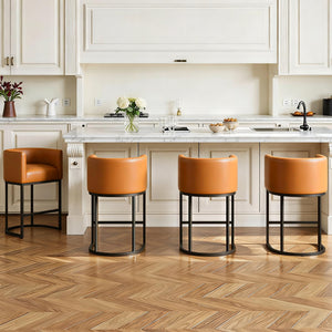 Modern Counter Height Bar Stools,Bar Stools Set of 3,PU Leather Upholstered Barrel Barstools with Backs,24'' Kitchen Island Chairs,Metal Black Frames,Camel Brown Leather
