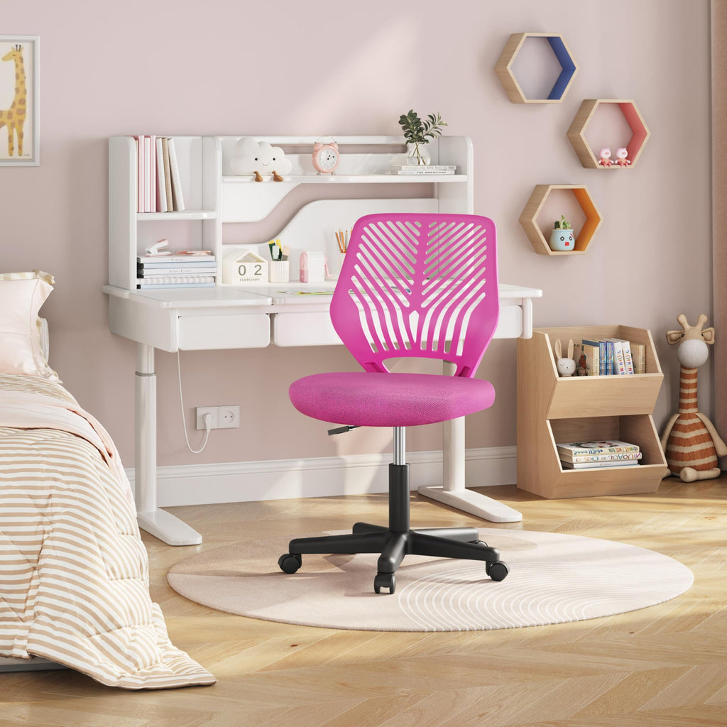 Students Cute Desk Chair Low-Back Armless Study Chair w/Lumbar Support Adjustable Swivel Chair in Home Bedroom School, Rose Red