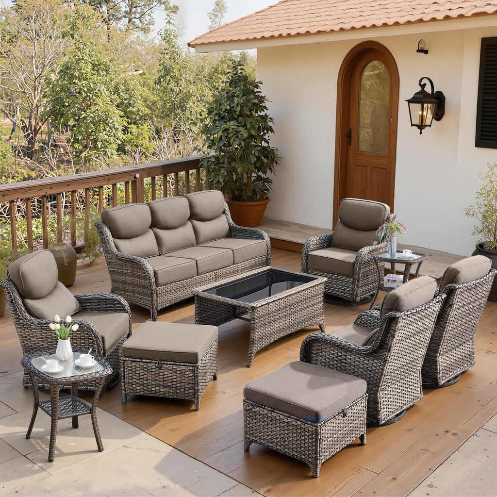 Luxury 6" Thick Cushioned 10 Pieces Patio Furniture Set with Outdoor Couch, Wicker Outdoor Conversation Set with High Back Swivel Rocker Chairs for Deck Porch Yard and Poolside - Grey+Grey