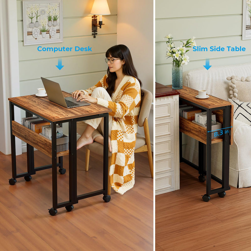 Folding Desk with Wheels, 24.8 Inch Compact Rolling Computer Table with Storage Shelf, Portable Mobile Workstation for Small Spaces, Easy Assembly,Walnut